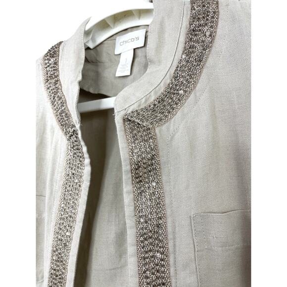 Chico’s Size 1 Women’s 8/M Linen Jacket Metallic Bead Trim Khaki Raw Hem - Picture 4 of 10